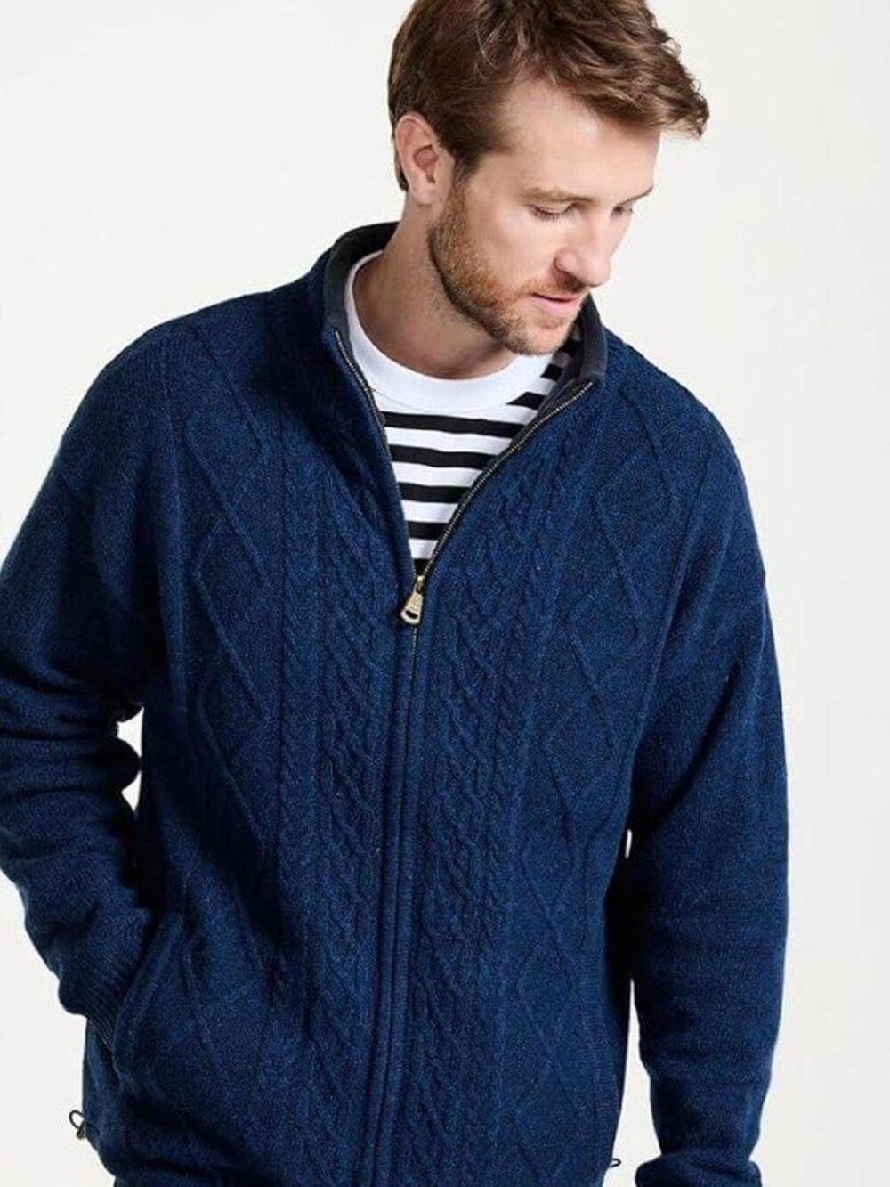 Aran Men's Irish Wool Sweater, Full Zip, Front Pockets, Lined Interior Blue xxl